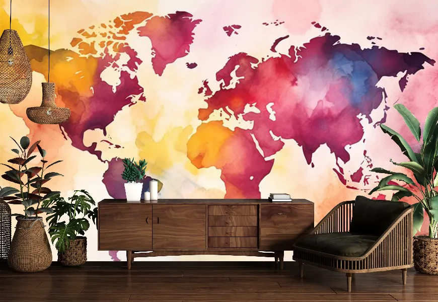 کاغذ دیواری سه بعدی طرح نقشه جهان رنگارنگ